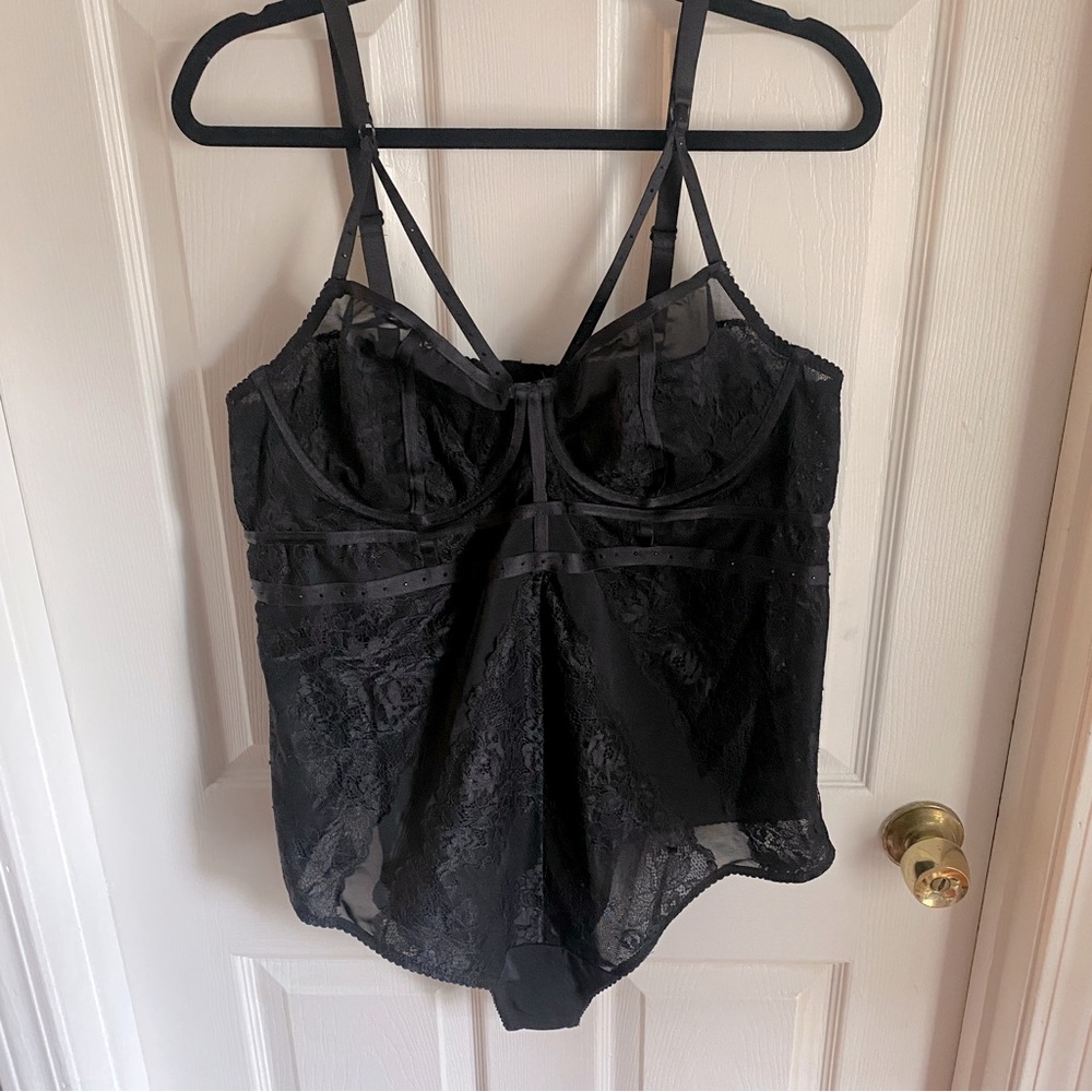 Torrid Curve Boned Strappy Sheer Black Lace Rhinestone Studded Bodysuit 2 2X